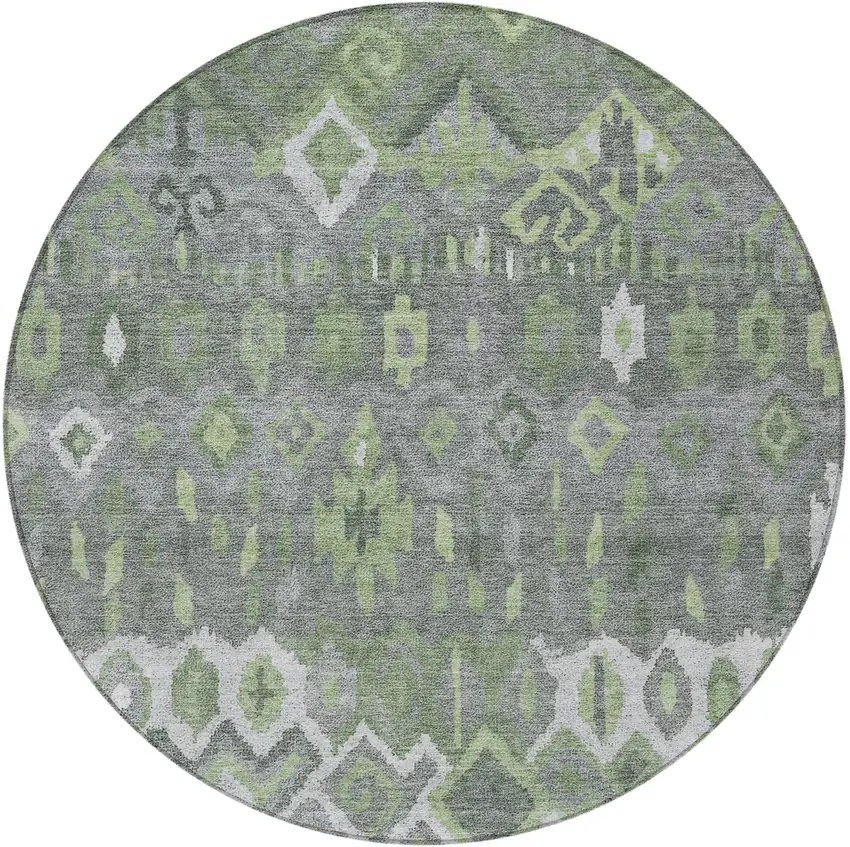 8' Gray Green And Ivory Round Geometric Washable Indoor Outdoor Area Rug Photo 5