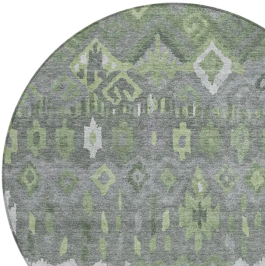 8' Gray Green And Ivory Round Geometric Washable Indoor Outdoor Area Rug Photo 4
