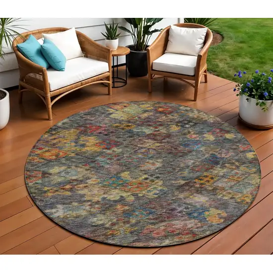8' Gray Green And Terra Cotta Round Floral Washable Indoor Outdoor Area Rug Photo 1