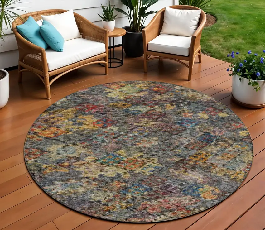 8' Gray Green And Terra Cotta Round Floral Washable Indoor Outdoor Area Rug Photo 1