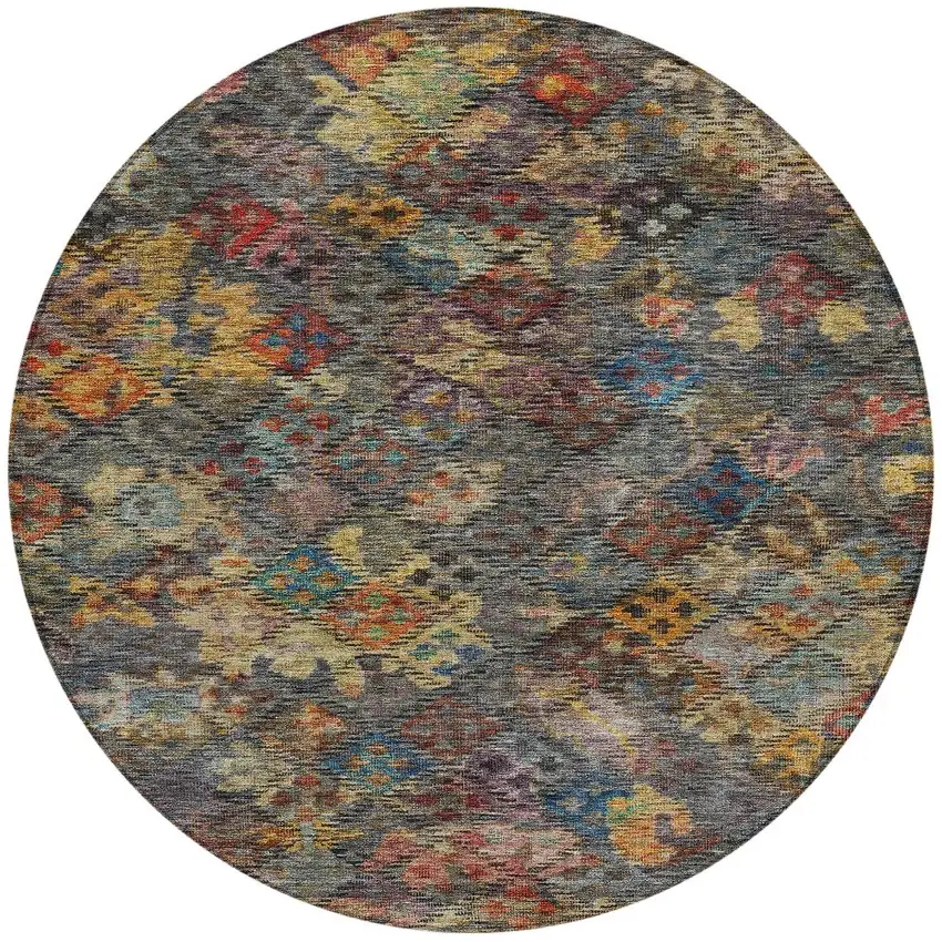 8' Gray Green And Terra Cotta Round Floral Washable Indoor Outdoor Area Rug Photo 7