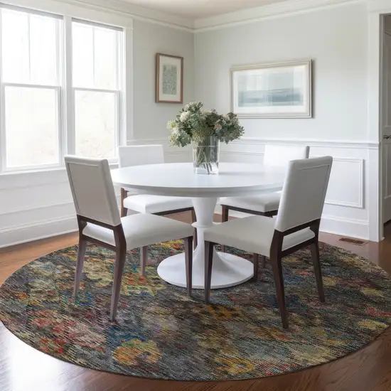 8' Gray Green And Terra Cotta Round Floral Washable Indoor Outdoor Area Rug Photo 9