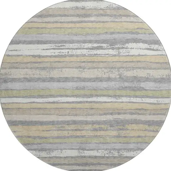 8' Gray Ivory And Artichoke Green Striped Washable Round Rug With UV Protection Photo 3