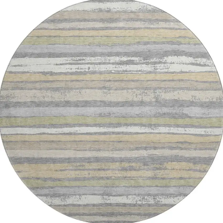 8' Gray Ivory And Artichoke Green Striped Washable Round Rug With UV Protection Photo 3