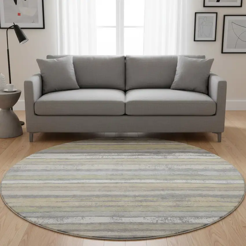 8' Gray Ivory And Artichoke Green Striped Washable Round Rug With UV Protection Photo 2