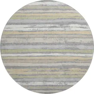 Photo of 8' Gray Ivory And Artichoke Green Striped Washable Round Rug With UV Protection