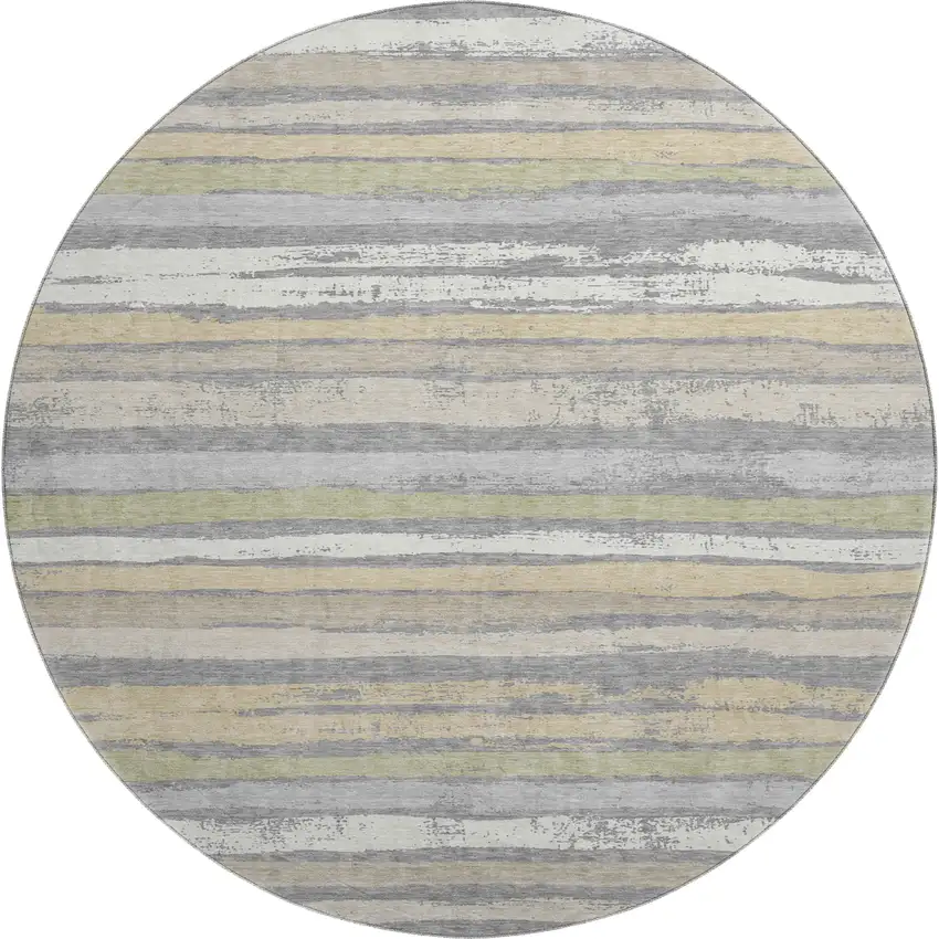 8' Gray Ivory And Artichoke Green Striped Washable Round Rug With UV Protection Photo 1