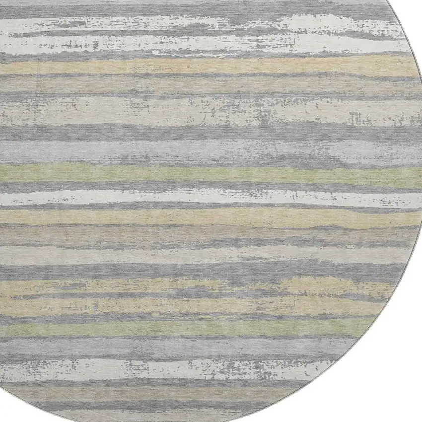 8' Gray Ivory And Artichoke Green Striped Washable Round Rug With UV Protection Photo 2