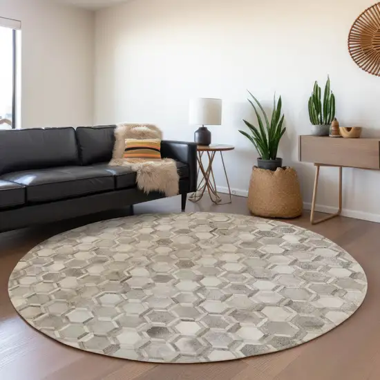 8' Gray Ivory And Beige Geometric Washable Round Rug With UV Protection Photo 5