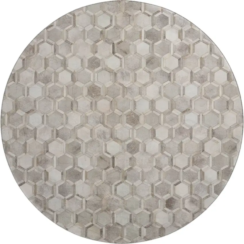 8' Gray Ivory And Beige Geometric Washable Round Rug With UV Protection Photo 2