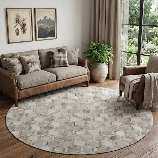 8' Gray Ivory And Beige Geometric Washable Round Rug With UV Protection Photo 1