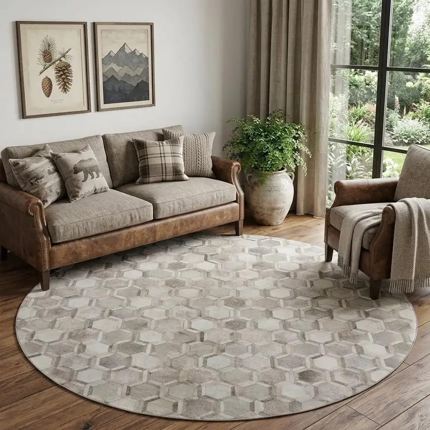8' Gray Ivory And Beige Geometric Washable Round Rug With UV Protection Photo 1