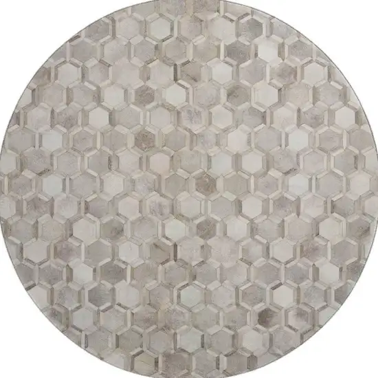 8' Gray Ivory And Beige Geometric Washable Round Rug With UV Protection Photo 4