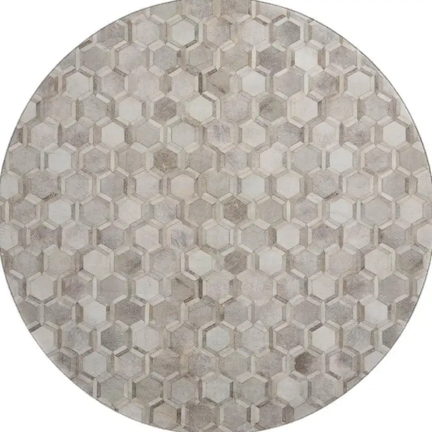 8' Gray Ivory And Beige Geometric Washable Round Rug With UV Protection Photo 4