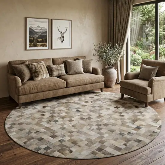 8' Gray Ivory And Beige Patchwork Washable Round Rug With UV Protection Photo 1