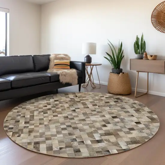 8' Gray Ivory And Beige Geometric Washable Round Rug With UV Protection Photo 4