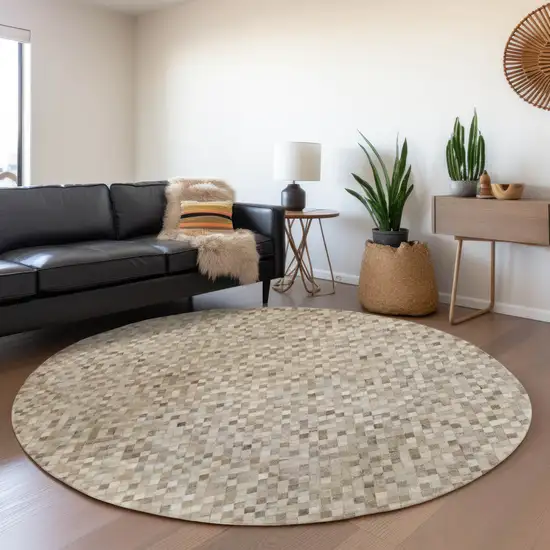 8' Gray Ivory And Beige Geometric Washable Round Rug With UV Protection Photo 6