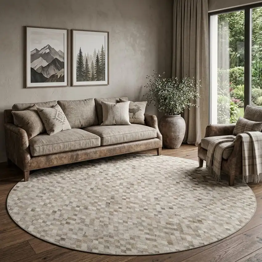 8' Gray Ivory And Beige Diamond Washable Round Rug With UV Protection Photo 1
