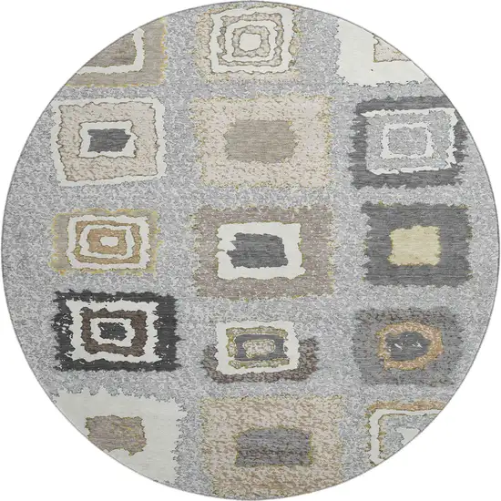 8' Gray Ivory And Beige Geometric Washable Round Rug With UV Protection Photo 1