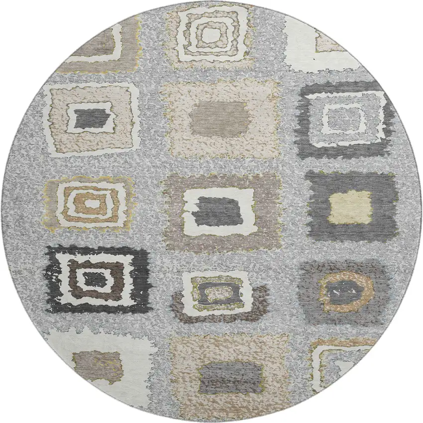 8' Gray Ivory And Beige Geometric Washable Round Rug With UV Protection Photo 1