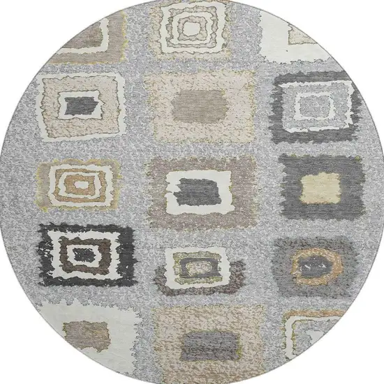 8' Gray Ivory And Beige Geometric Washable Round Rug With UV Protection Photo 4