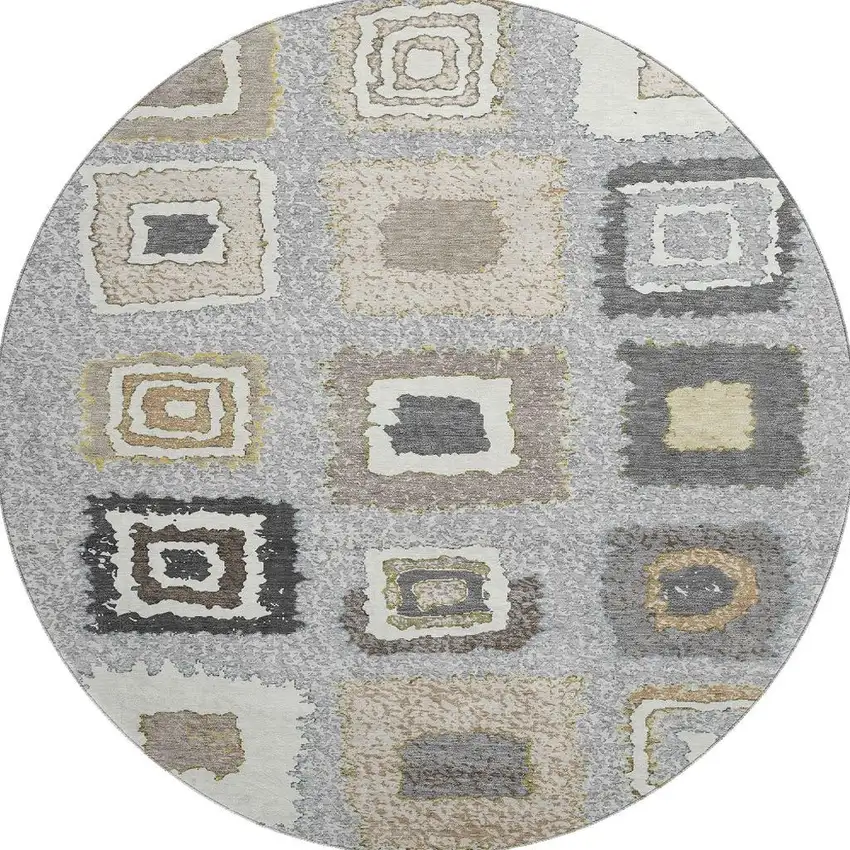 8' Gray Ivory And Beige Geometric Washable Round Rug With UV Protection Photo 4