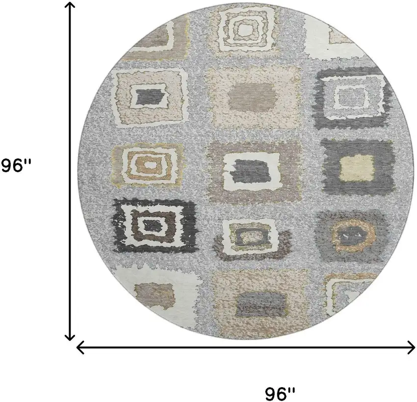 8' Gray Ivory And Beige Geometric Washable Round Rug With UV Protection Photo 9