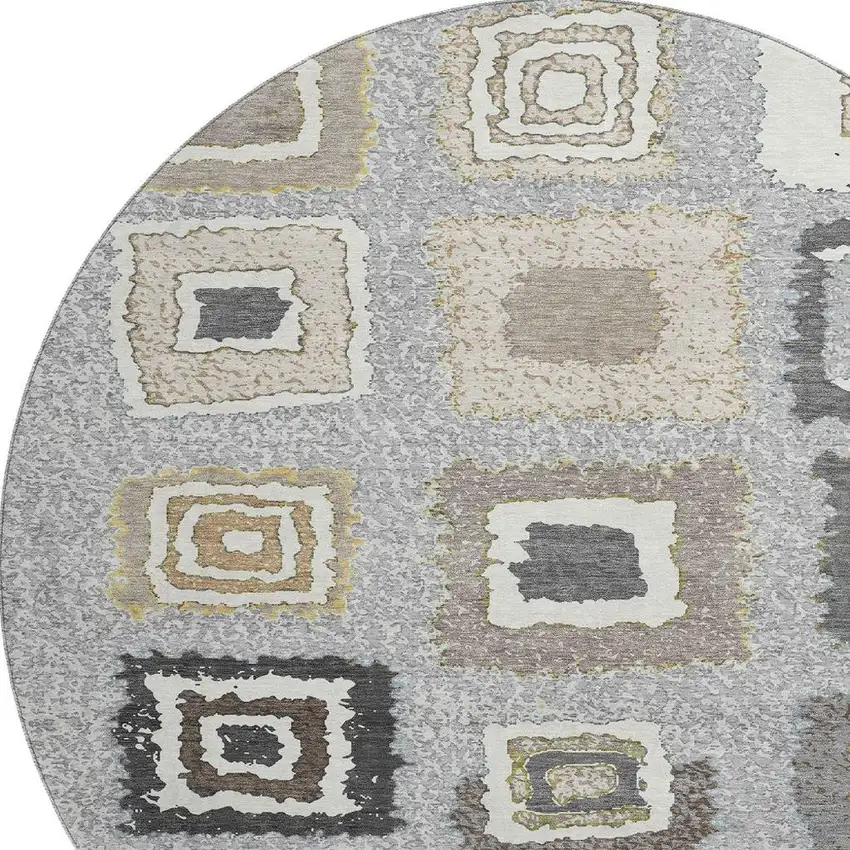 8' Gray Ivory And Beige Geometric Washable Round Rug With UV Protection Photo 3