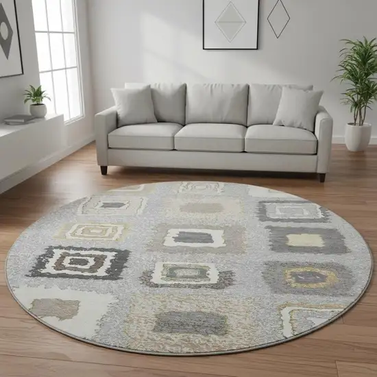 8' Gray Ivory And Beige Geometric Washable Round Rug With UV Protection Photo 2