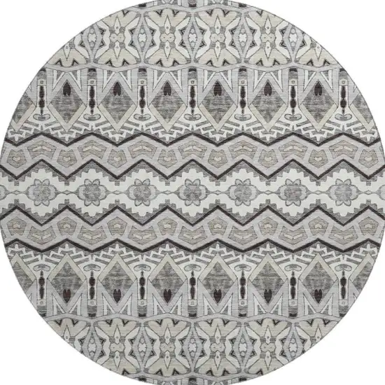 8' Gray Ivory And Beige Moroccan Washable Round Rug With UV Protection Photo 4