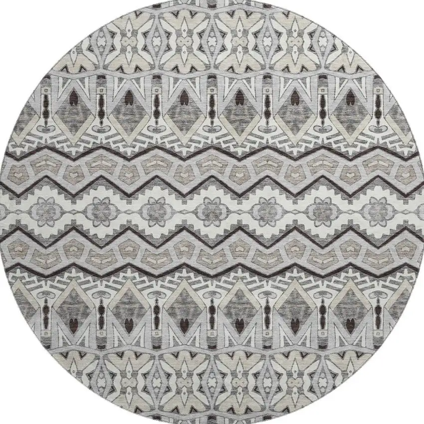 8' Gray Ivory And Beige Moroccan Washable Round Rug With UV Protection Photo 4