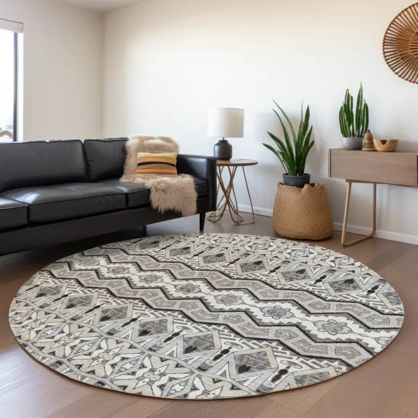 8' Gray Ivory And Beige Moroccan Washable Round Rug With UV Protection Photo 5