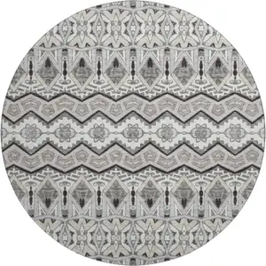 Photo of 8' Gray Ivory And Beige Moroccan Washable Round Rug With UV Protection
