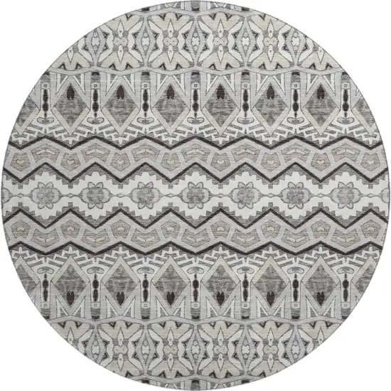 8' Gray Ivory And Beige Moroccan Washable Round Rug With UV Protection Photo 1