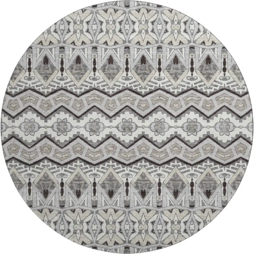 8' Gray Ivory And Beige Moroccan Washable Round Rug With UV Protection Photo 1
