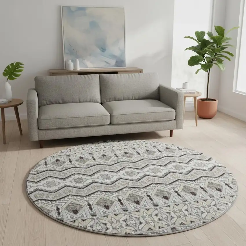8' Gray Ivory And Beige Moroccan Washable Round Rug With UV Protection Photo 2