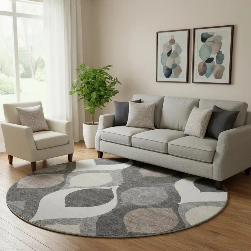 8' Gray Ivory And Beige Ogee Washable Round Rug With UV Protection Photo 1