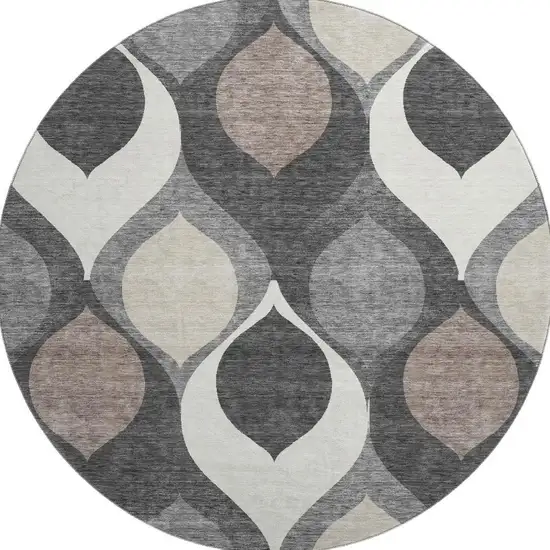 8' Gray Ivory And Beige Ogee Washable Round Rug With UV Protection Photo 4