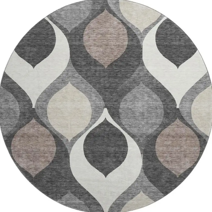 8' Gray Ivory And Beige Ogee Washable Round Rug With UV Protection Photo 4