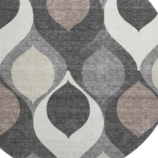 8' Gray Ivory And Beige Ogee Washable Round Rug With UV Protection Photo 3