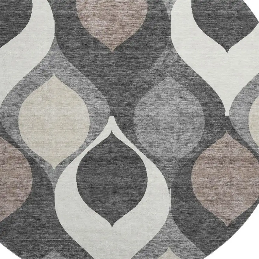 8' Gray Ivory And Beige Ogee Washable Round Rug With UV Protection Photo 3
