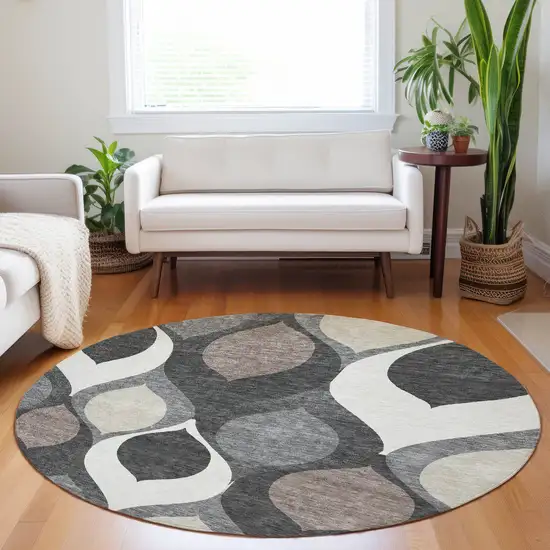 8' Gray Ivory And Beige Ogee Washable Round Rug With UV Protection Photo 4