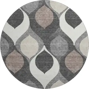 Photo of 8' Gray Ivory And Beige Ogee Washable Round Rug With UV Protection