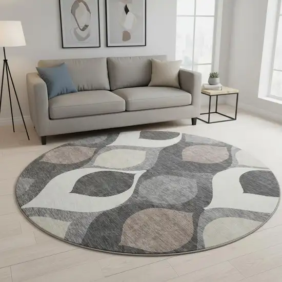 8' Gray Ivory And Beige Ogee Washable Round Rug With UV Protection Photo 2