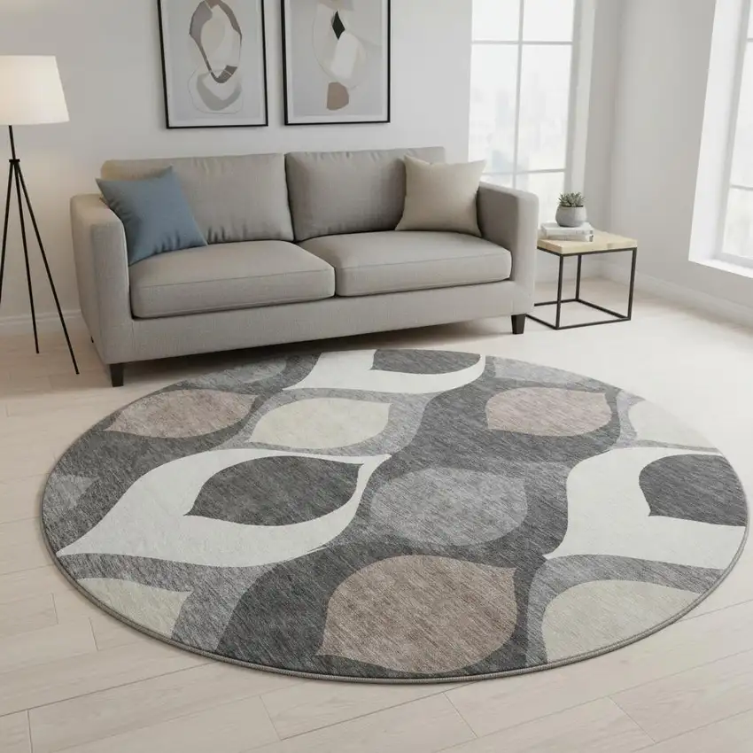 8' Gray Ivory And Beige Ogee Washable Round Rug With UV Protection Photo 2