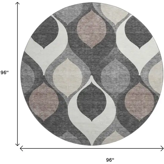 8' Gray Ivory And Beige Ogee Washable Round Rug With UV Protection Photo 3