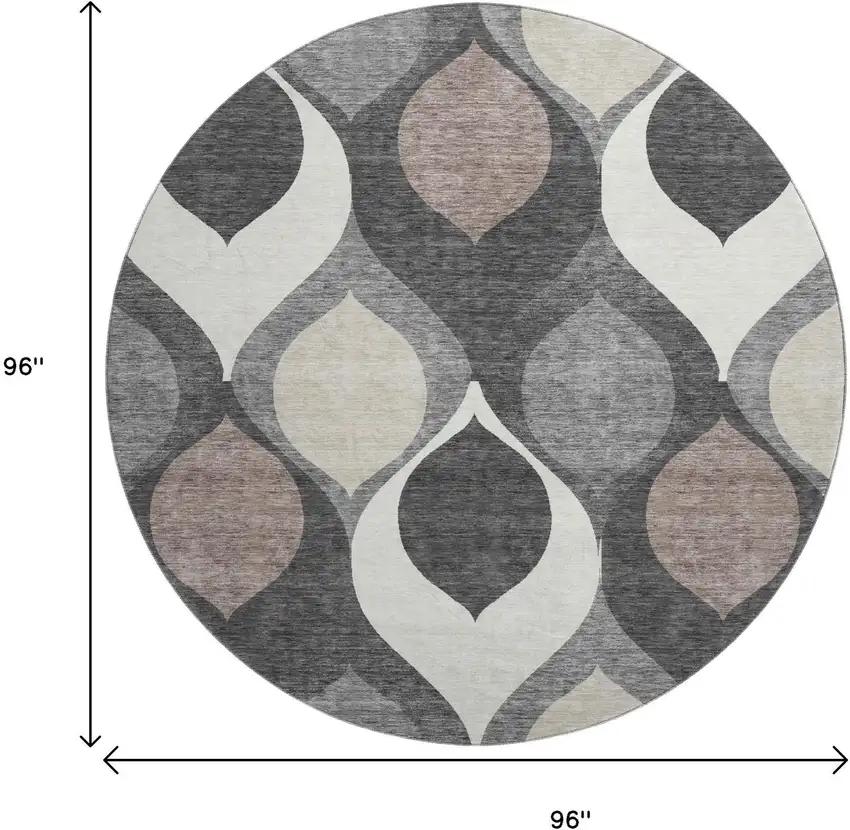 8' Gray Ivory And Beige Ogee Washable Round Rug With UV Protection Photo 3