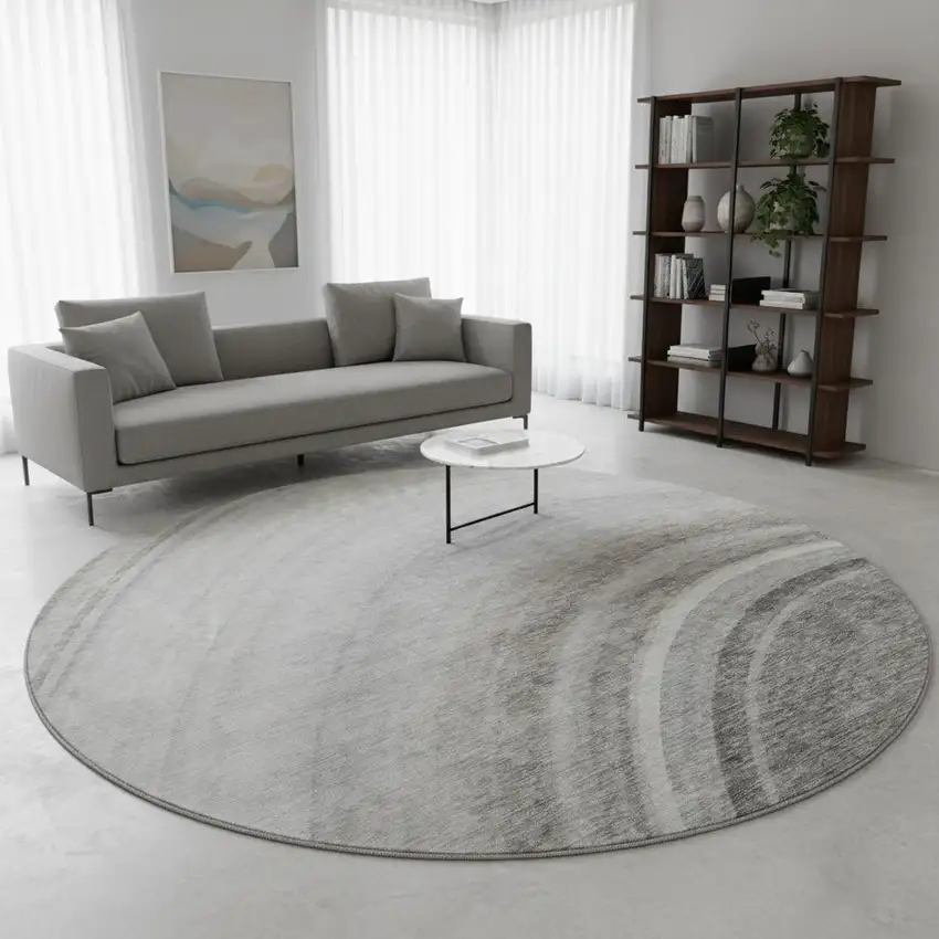 8' Gray Ivory And Beige Ombre Washable Round Rug With UV Protection Photo 2