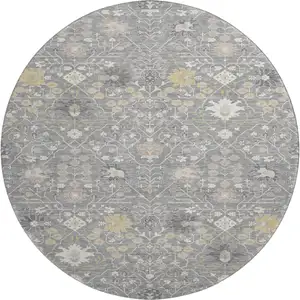 Photo of 8' Gray Ivory And Beige Oriental Washable Round Rug With UV Protection