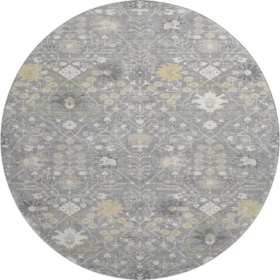 8' Gray Ivory And Beige Oriental Washable Round Rug With UV Protection Photo 1